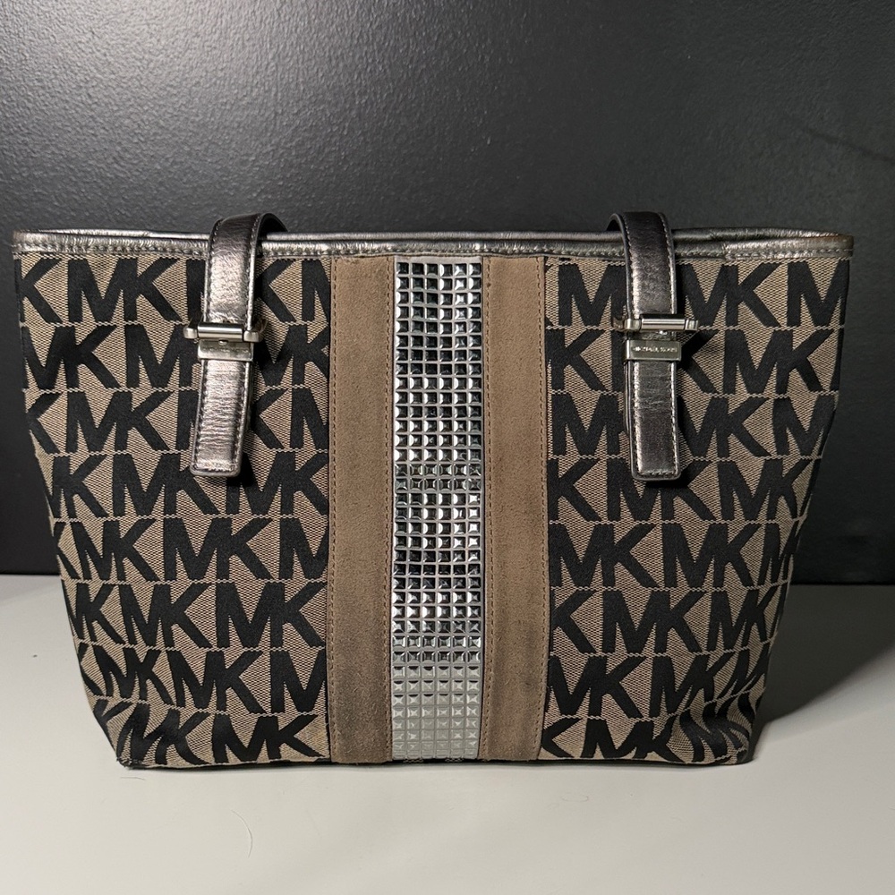 Michael Kors Black and Tan Tote with Silver Accents